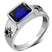 Star David Mens Silver Ring w Blue Sapphire Corundum, r434